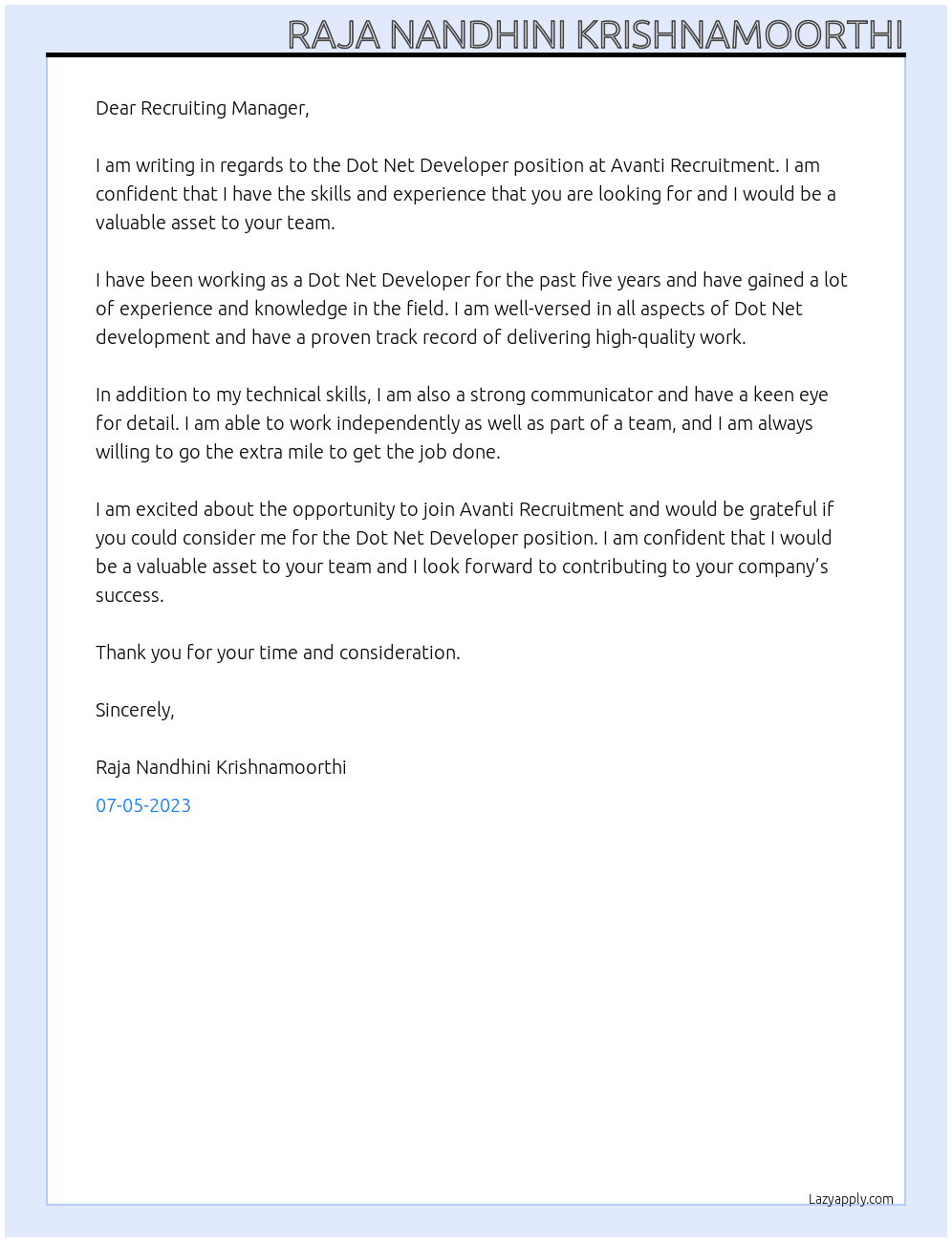 Dot Net Developer At  Avanti Recruitment Cover Letter