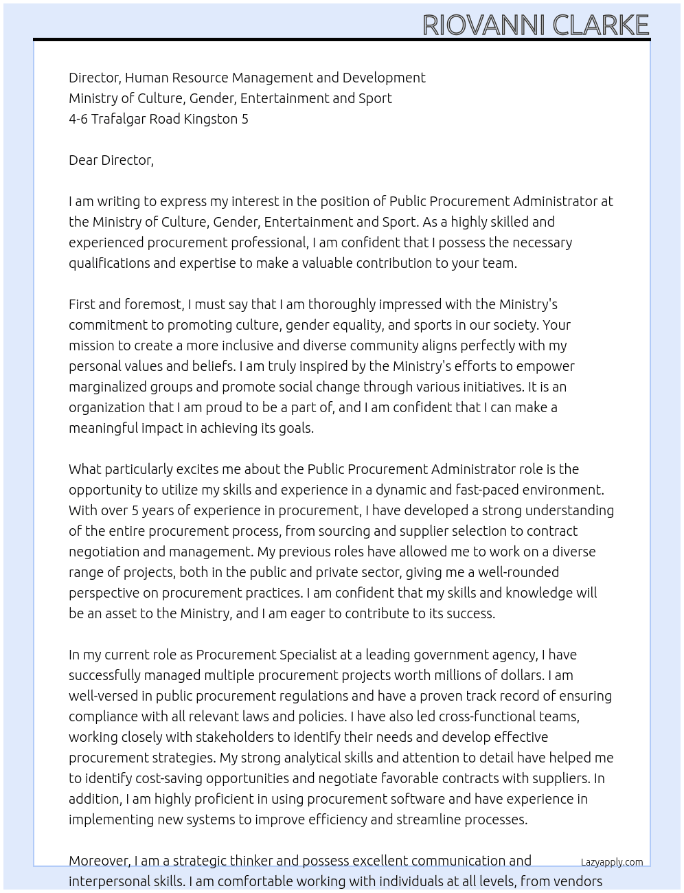 Public Procurement Administrator At e Ministry of Culture, Gender, Entertainment and Sport Cover Letter