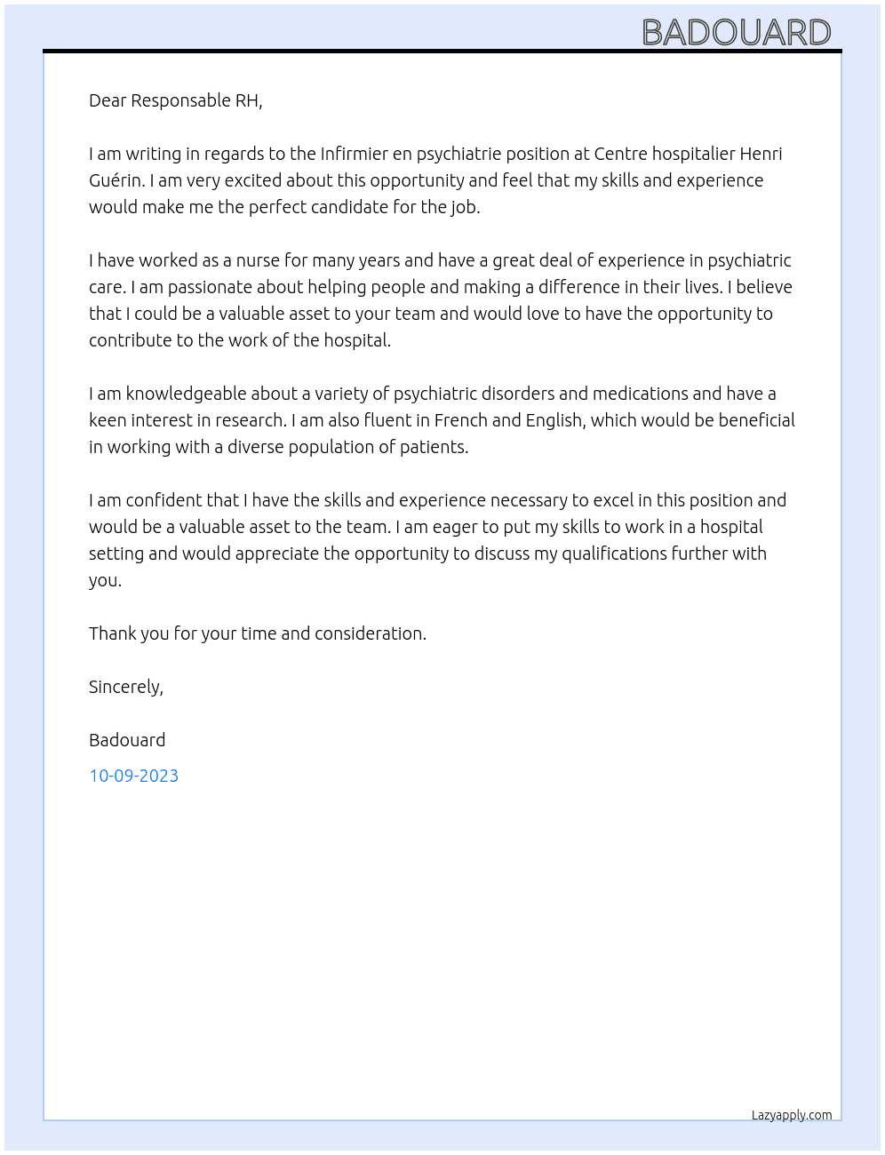 Infirmier en psychiatrie  At Centre hospitalier Henri Guérin  Cover Letter