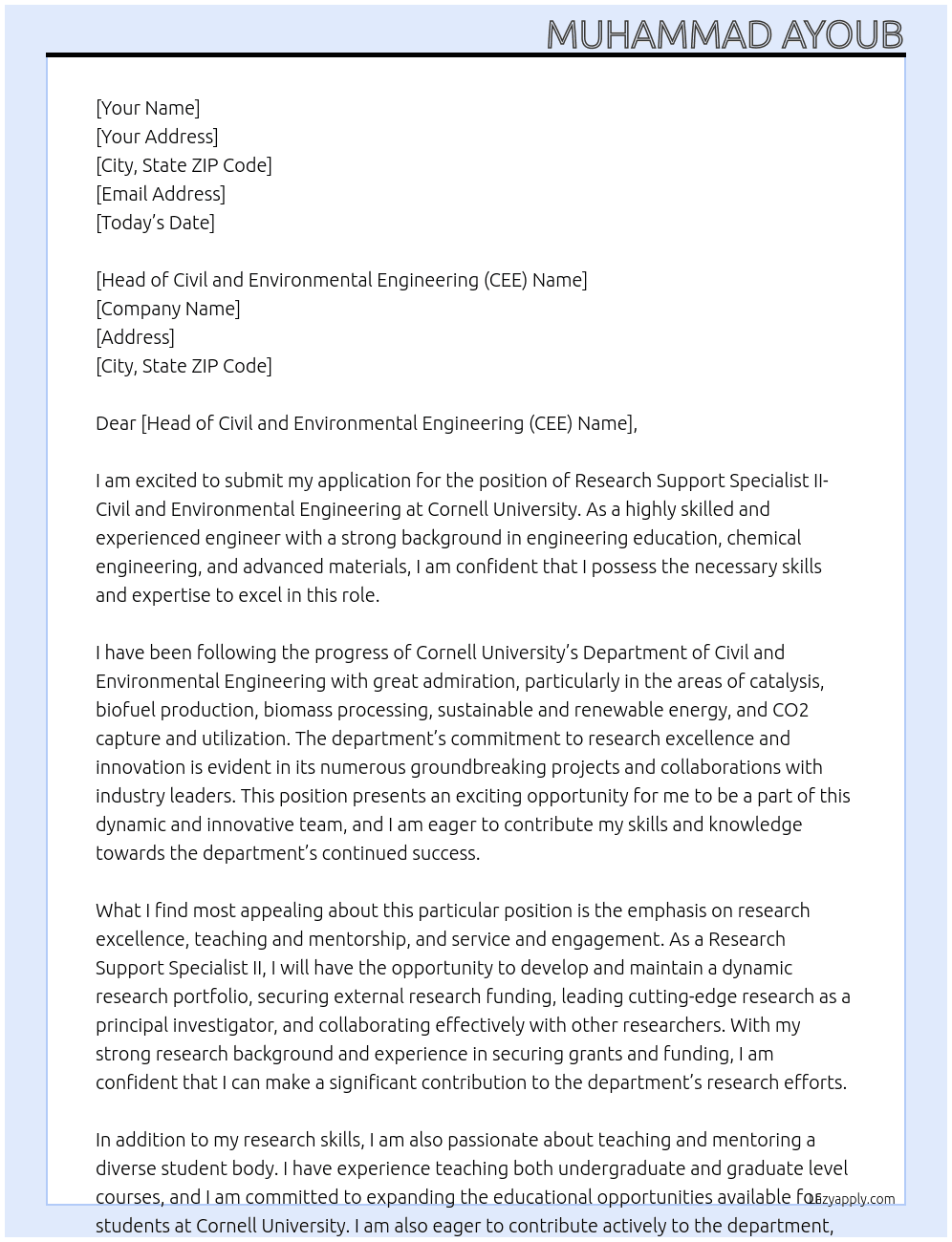 Research Support Specialist II- Civil and Environmental Engineering At Cornell University Cover Letter