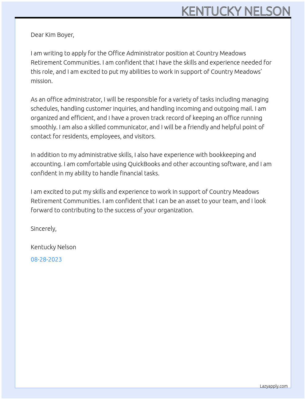 Office Administrator At Country Meadows Retirement Communities Cover Letter