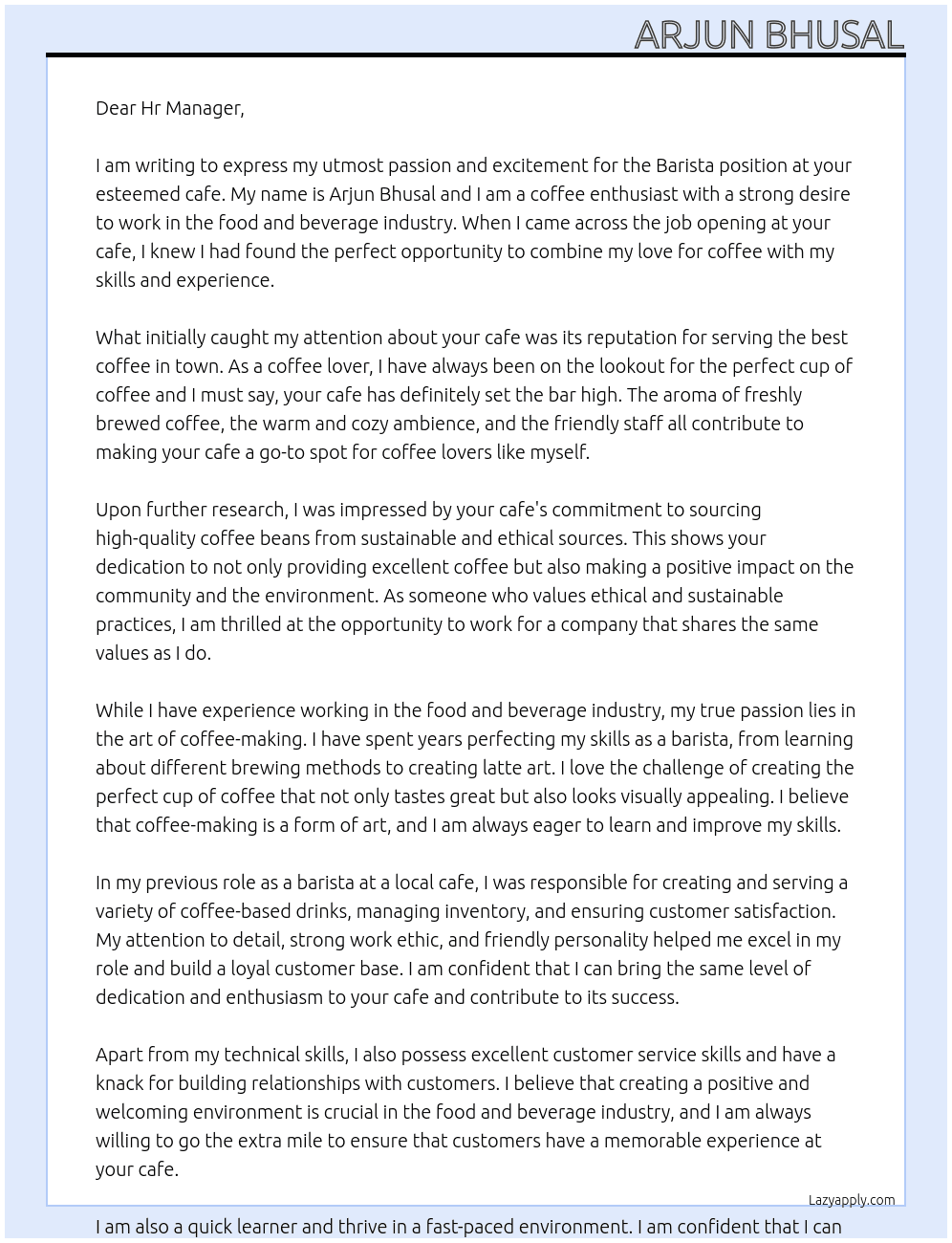 barista At cafe Cover Letter