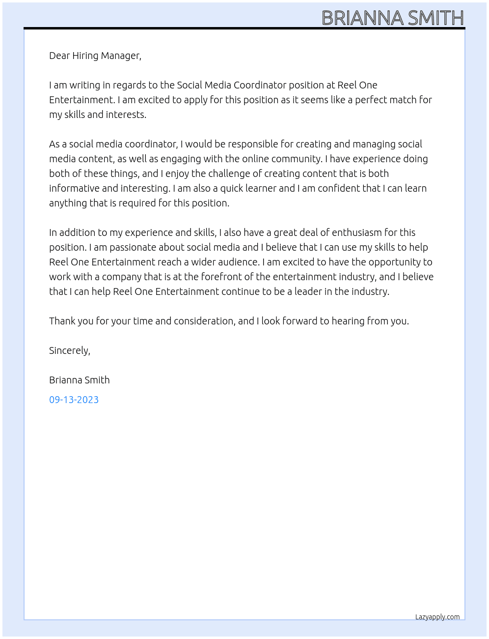Social Media Coordinator At Reel One Entertainment Cover Letter