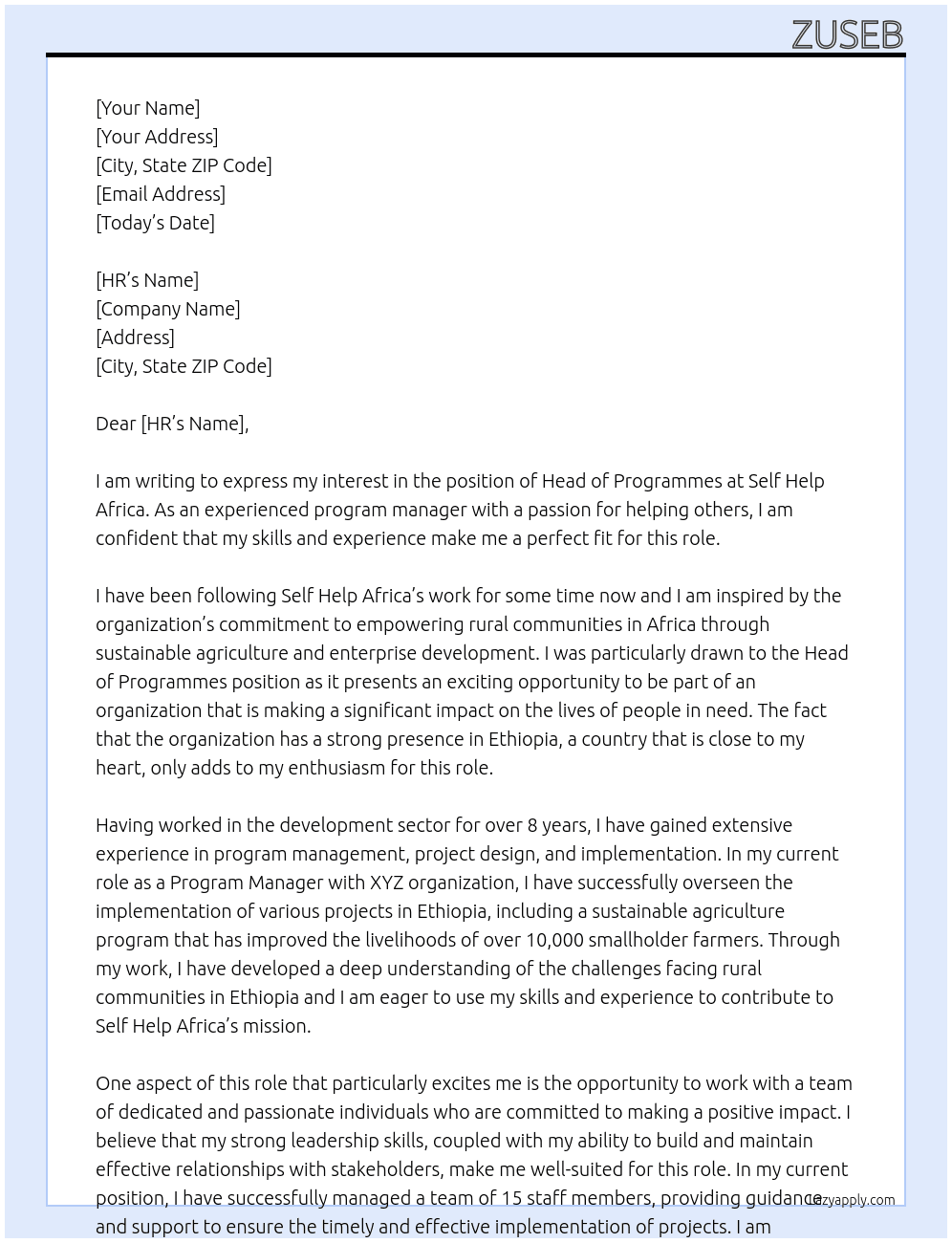 Head of Programmes At Self Help Africa Cover Letter