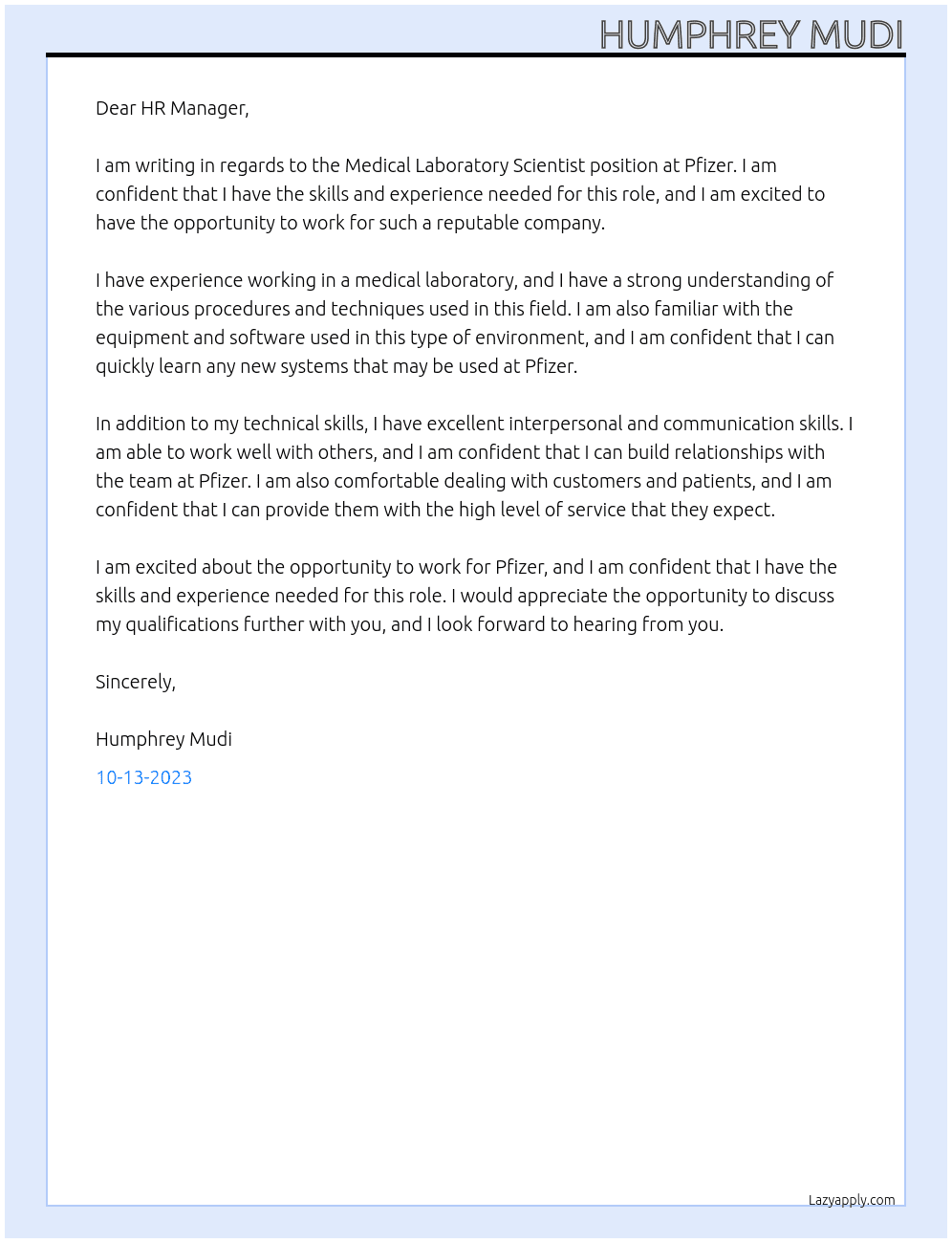 Medical Laboratory Scientist  At Pfizer Cover Letter