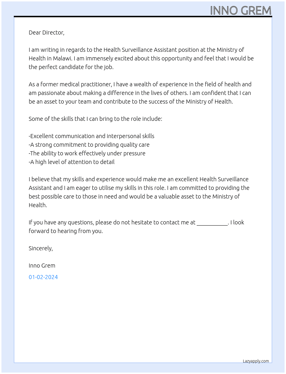 Health surveillance assistant At Ministry of health in Malawi Cover Letter