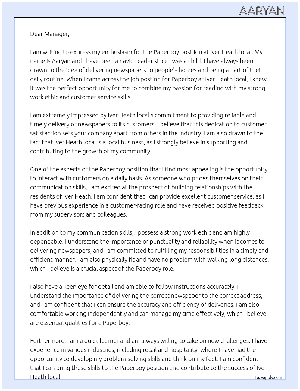 Paperboy At Iver Heath local Cover Letter