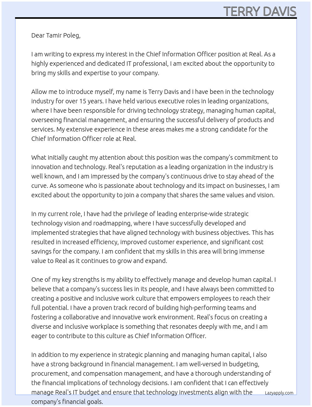 Chief Information Officer At Real Cover Letter