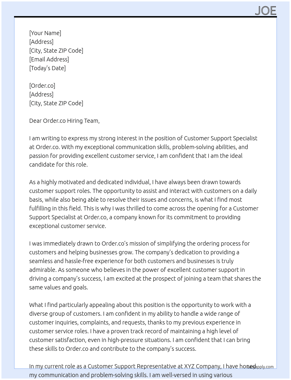 Customer Support Specialist At Order.co Cover Letter