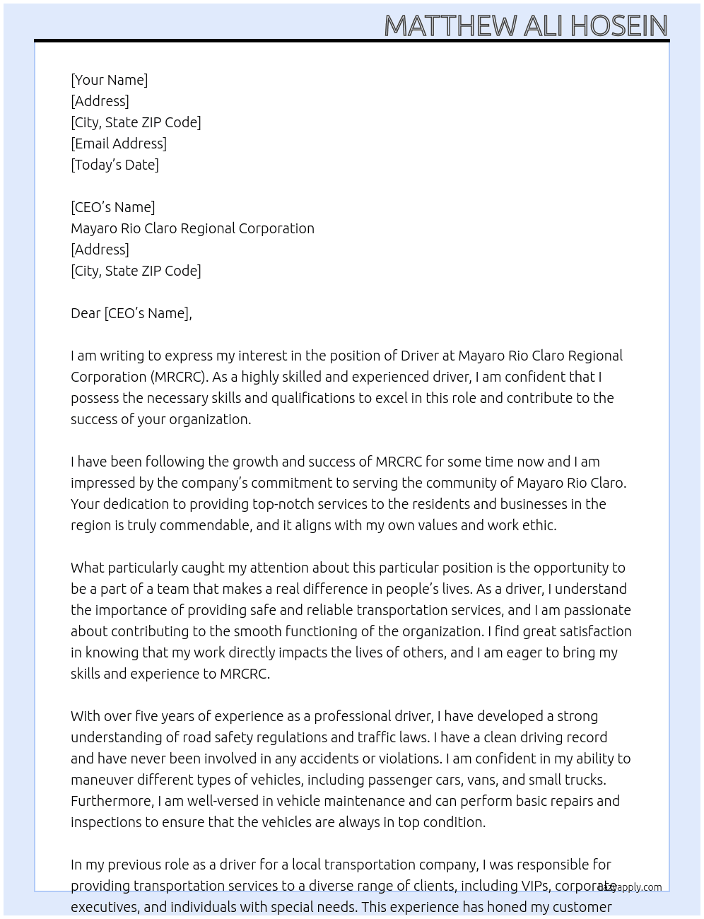 Driver  At Mayaro Rio Claro Regional Corporation  Cover Letter