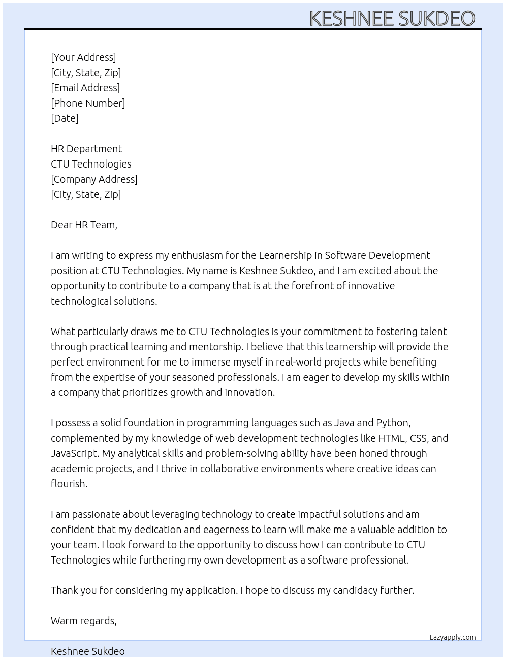 Learnership in Software Development At CTU technologies  Cover Letter