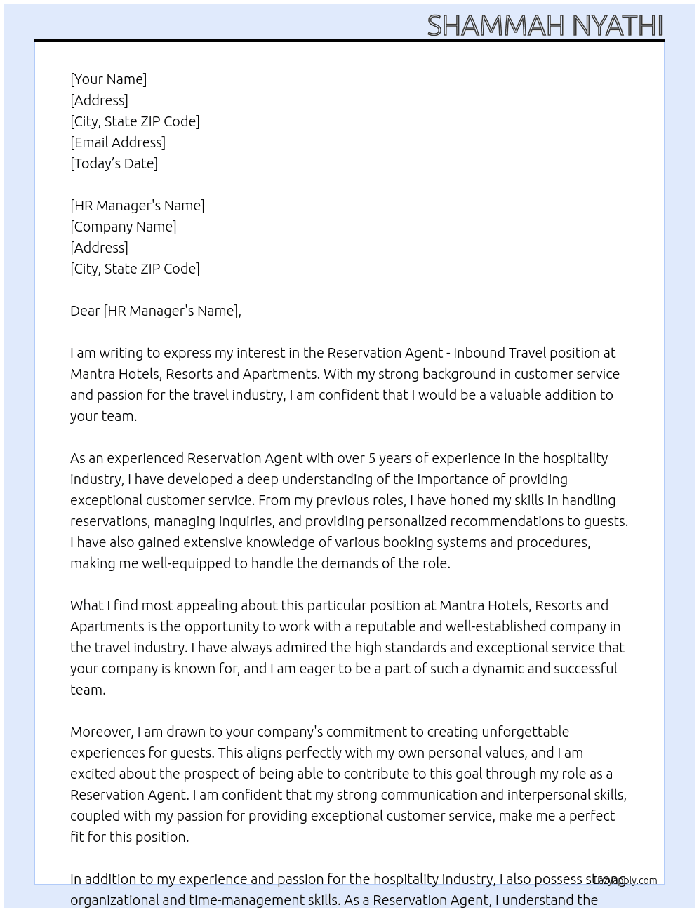 Reservation Agent - Inbound Travel At Mantra Hotels, Resorts and Apartments Cover Letter