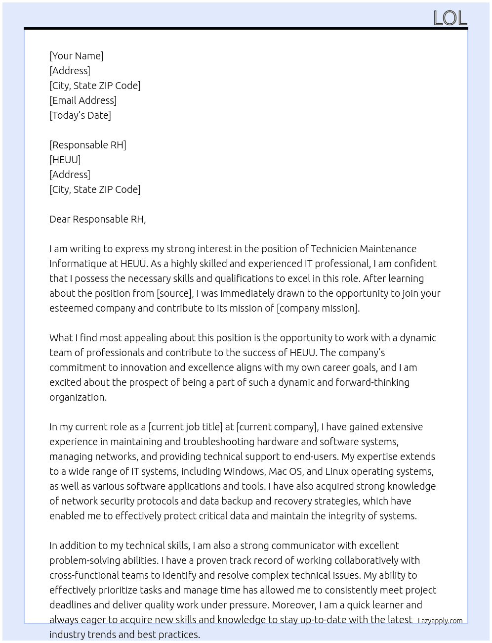 TECHNICIEN MAINTENANCE INFORMATIQUE At HEUU Cover Letter