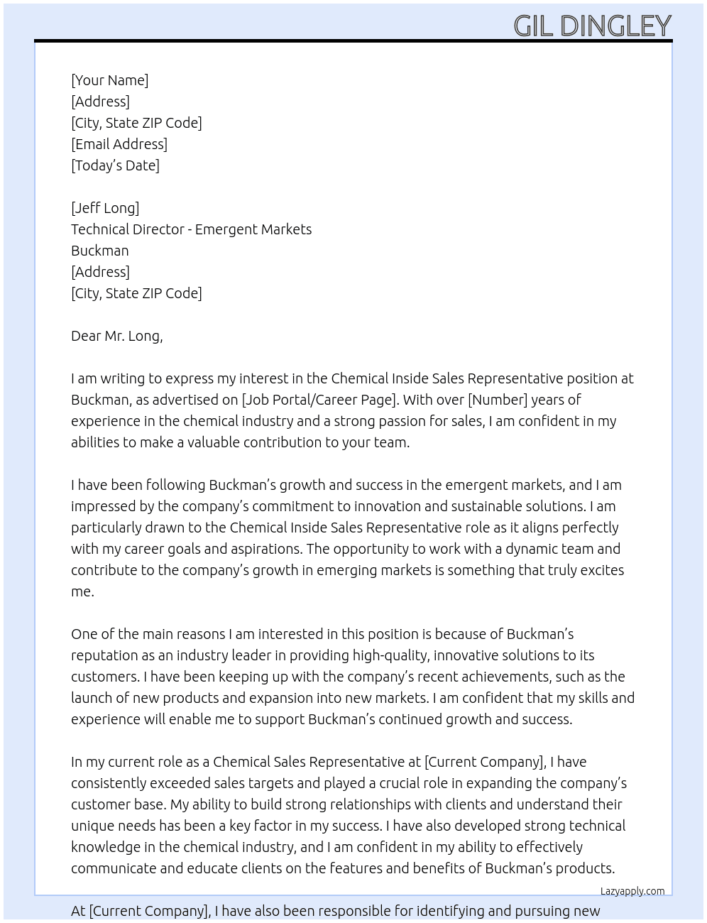 Chemical Inside Sales Representative At Buckman Cover Letter