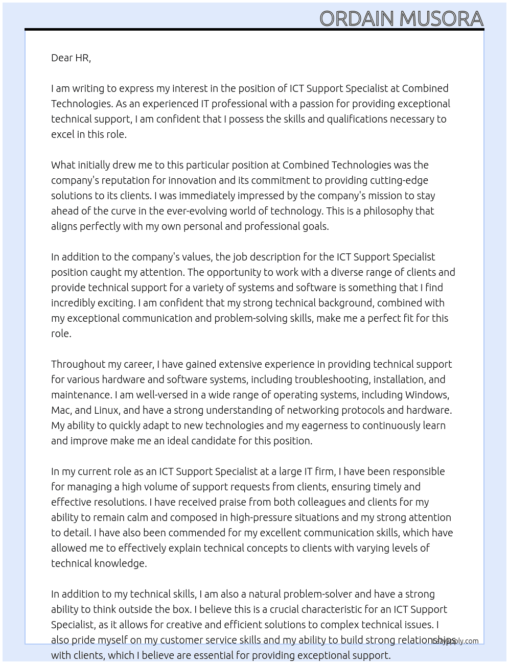 ICT Support Specialist At Combined Technologies Cover Letter