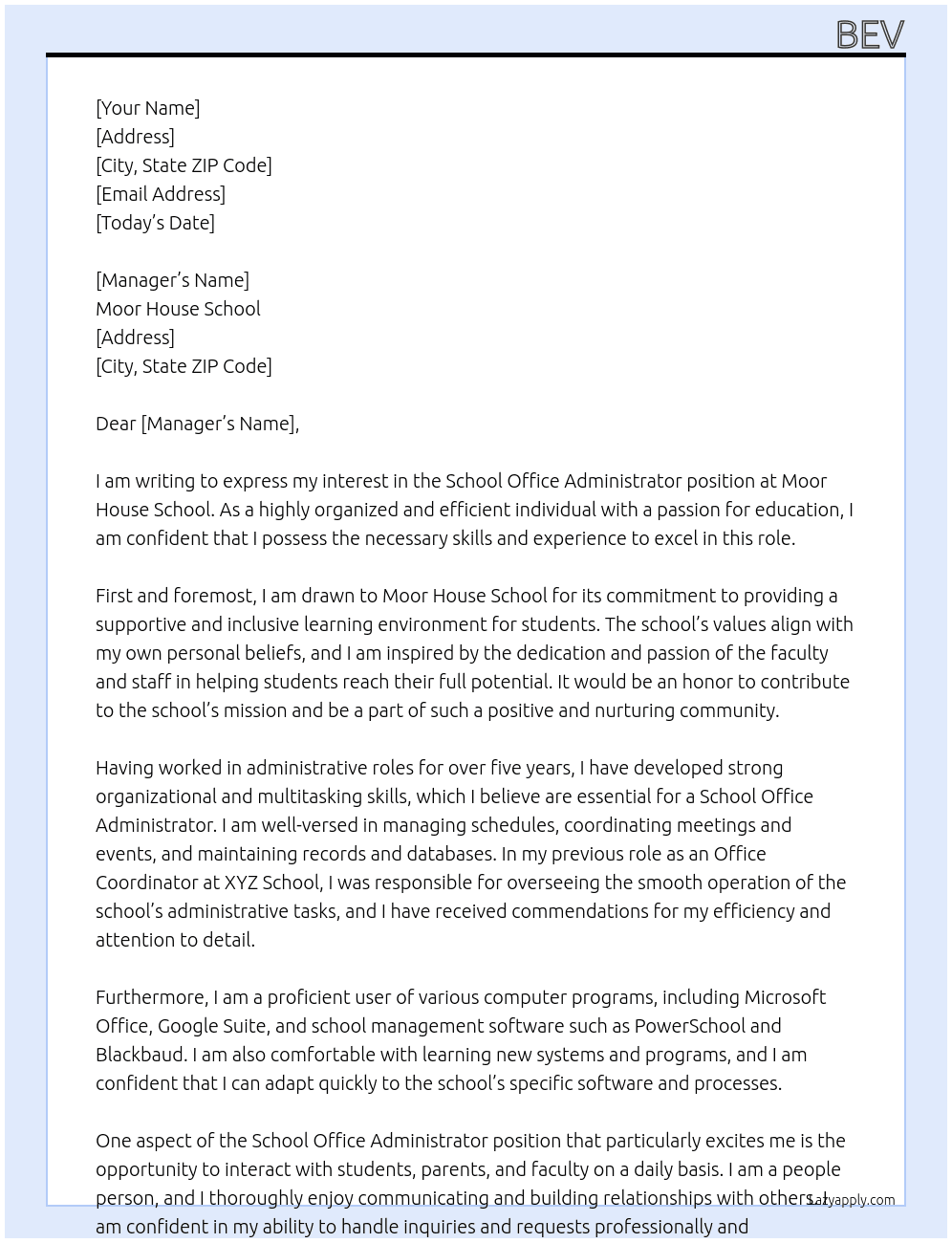 Cover letter for school office administrator - LazyApply