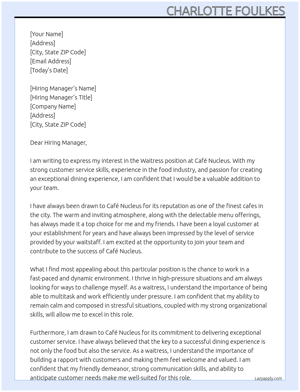 Waitress At Café Nucleus Cover Letter