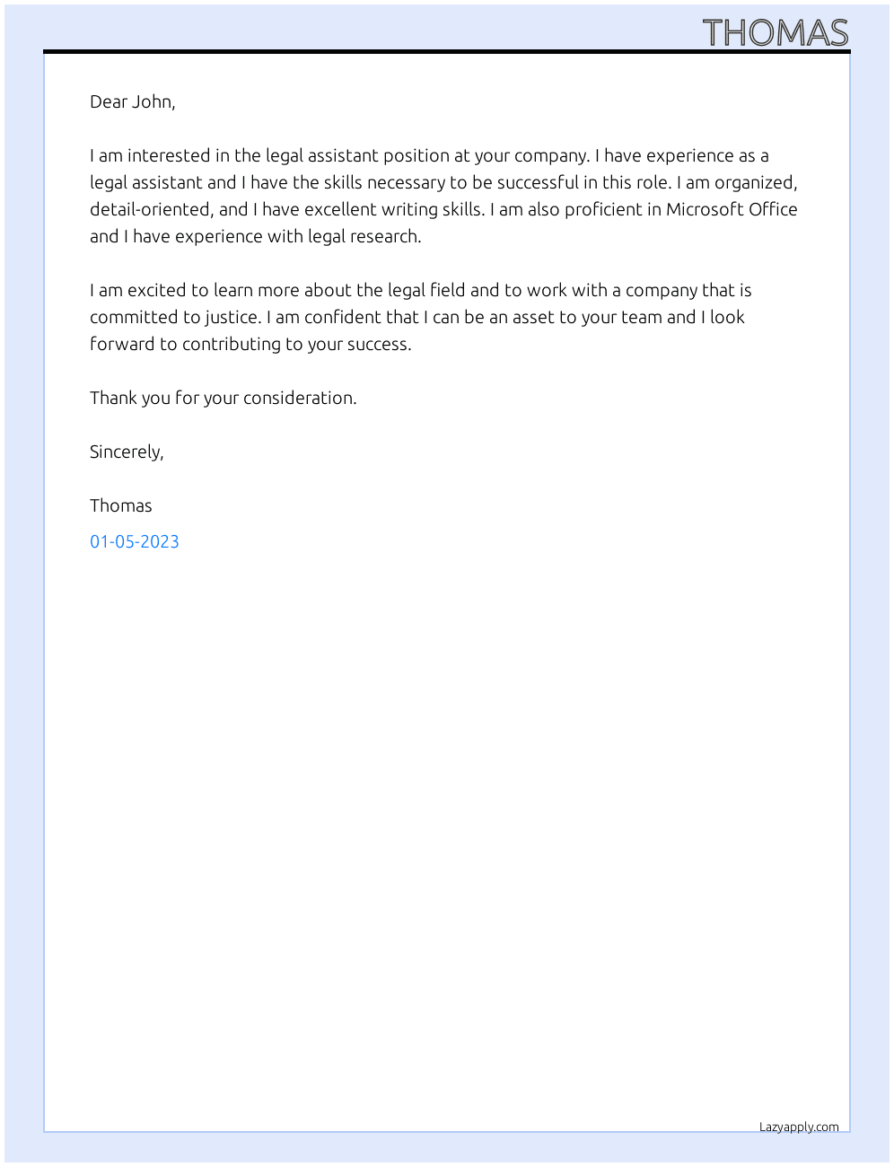 legal assistant At johnn Cover Letter