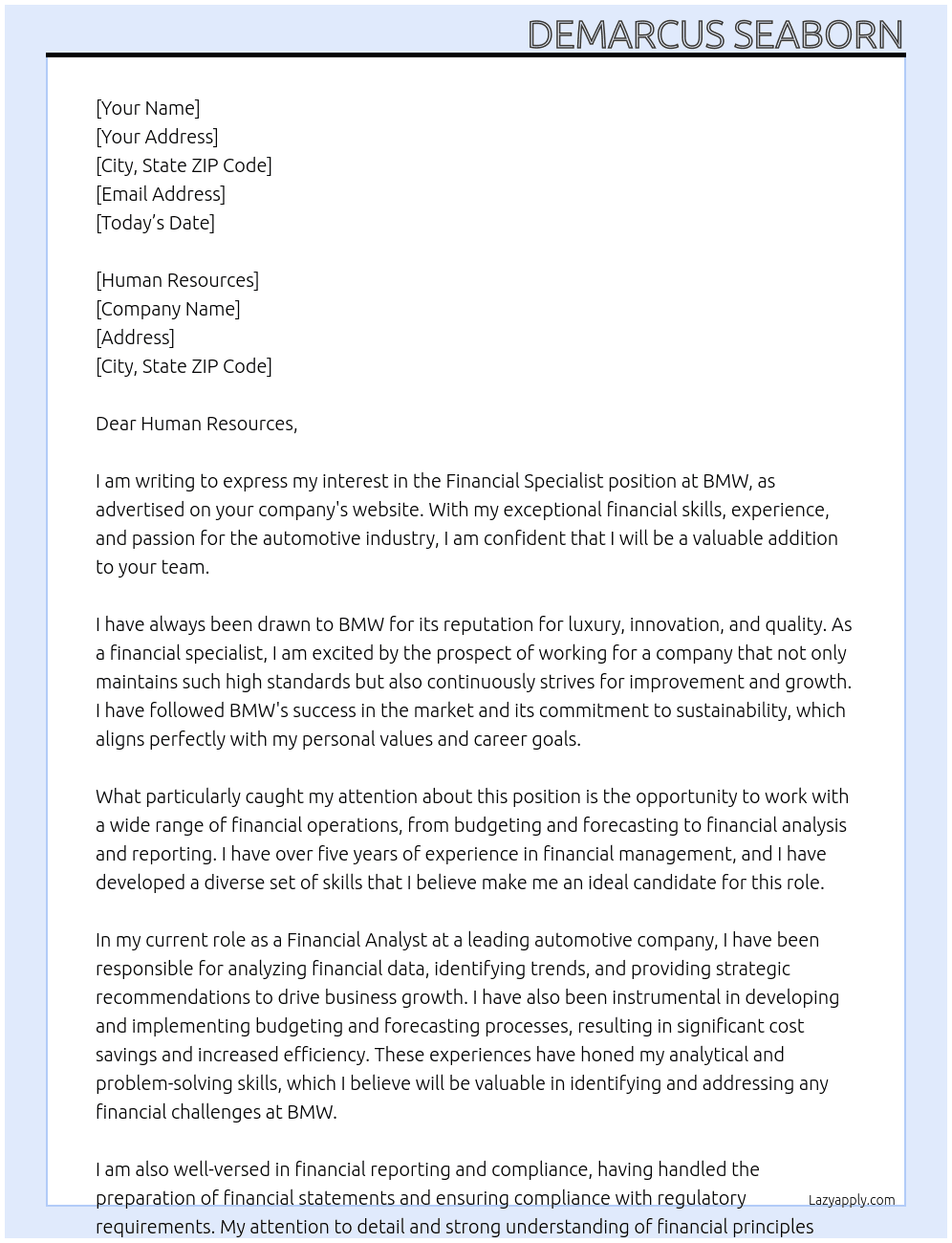  Financial Specialist At BMW Cover Letter