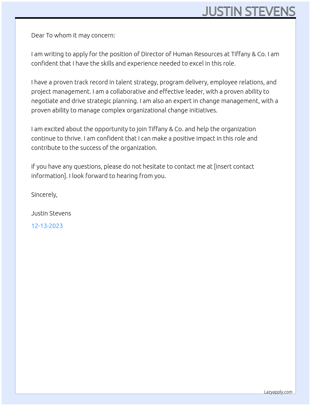 Director of Human Resources At Tiffany & Co. Cover Letter