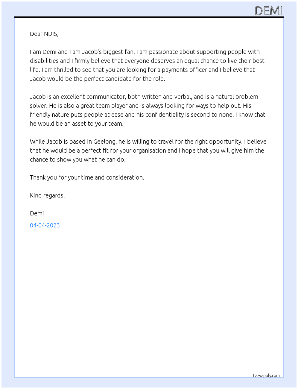 Payments officer At NDIS Cover Letter