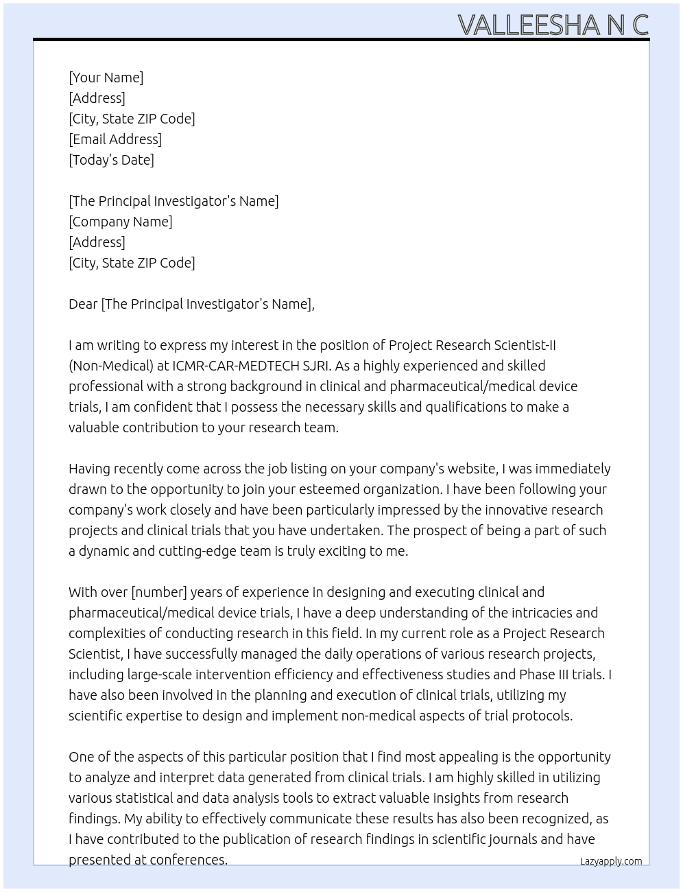 Project Research Scientist -II (Non-Medical) At ICMR -CAR-MEDTECH  SJRI Cover Letter