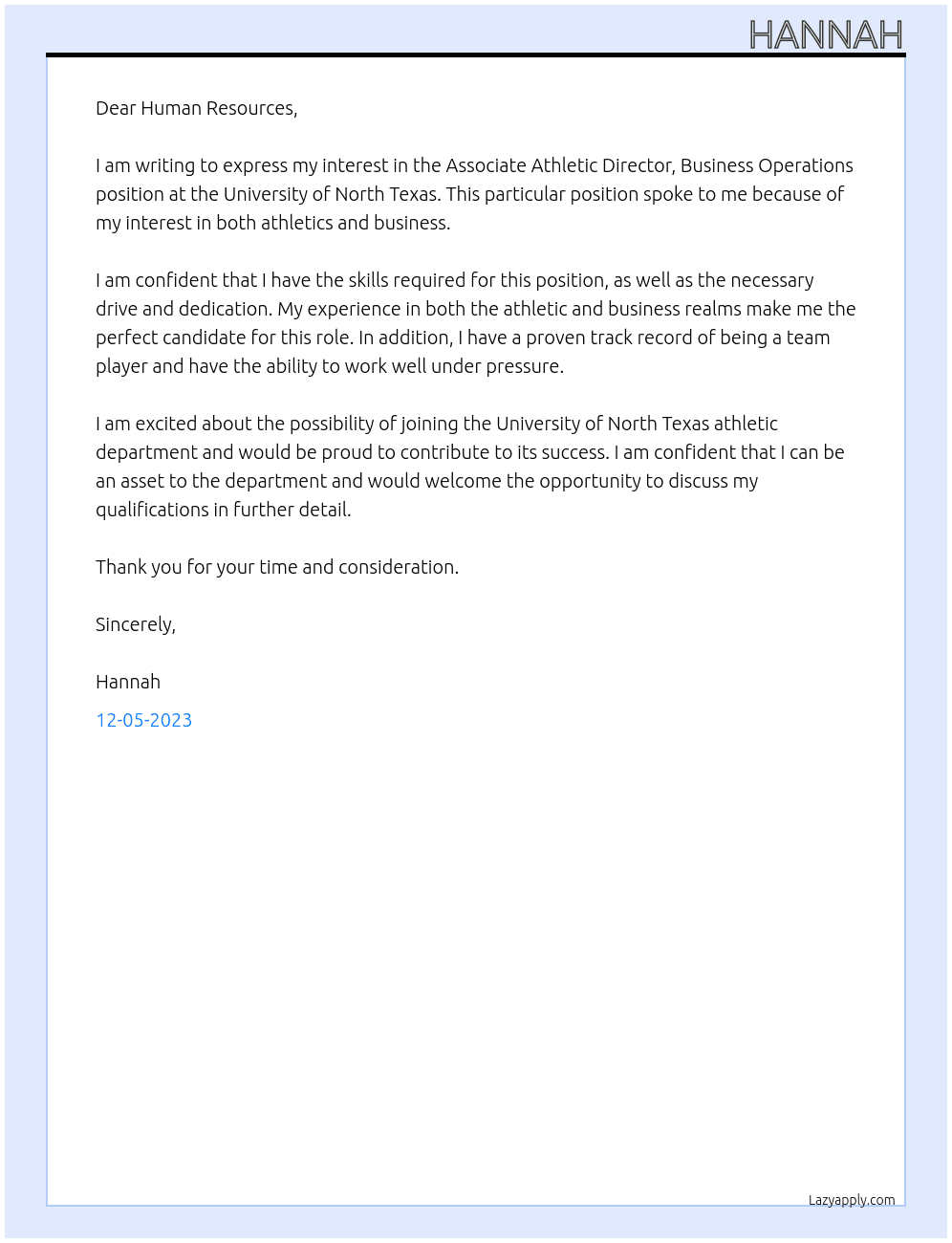 Associate Athletic Director, Business Operations At University of North Texas  Cover Letter