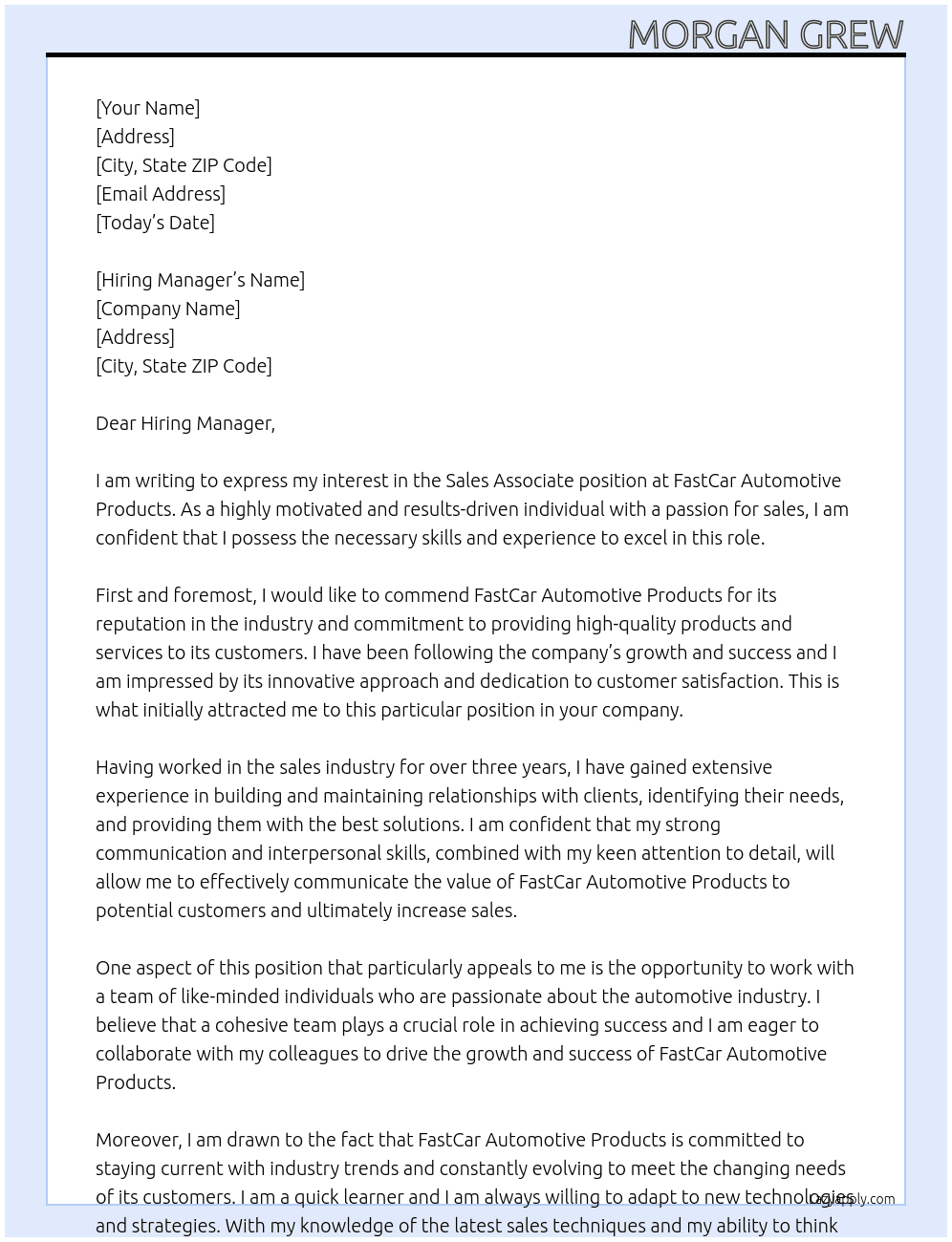 Sales Associate  At FastCar Automotive products  Cover Letter