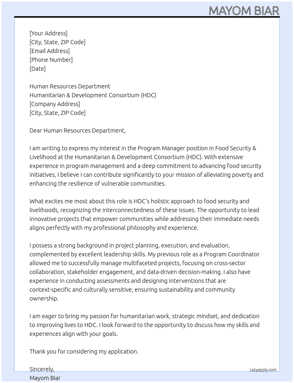 Cover letter for program manager- food secuirty & livelihood - LazyApply