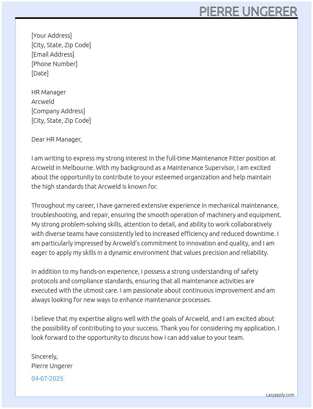 Maintenance Fitter At Arcweld Cover Letter