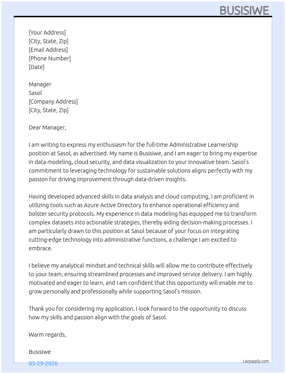 Administrative learnership At Sasol Cover Letter