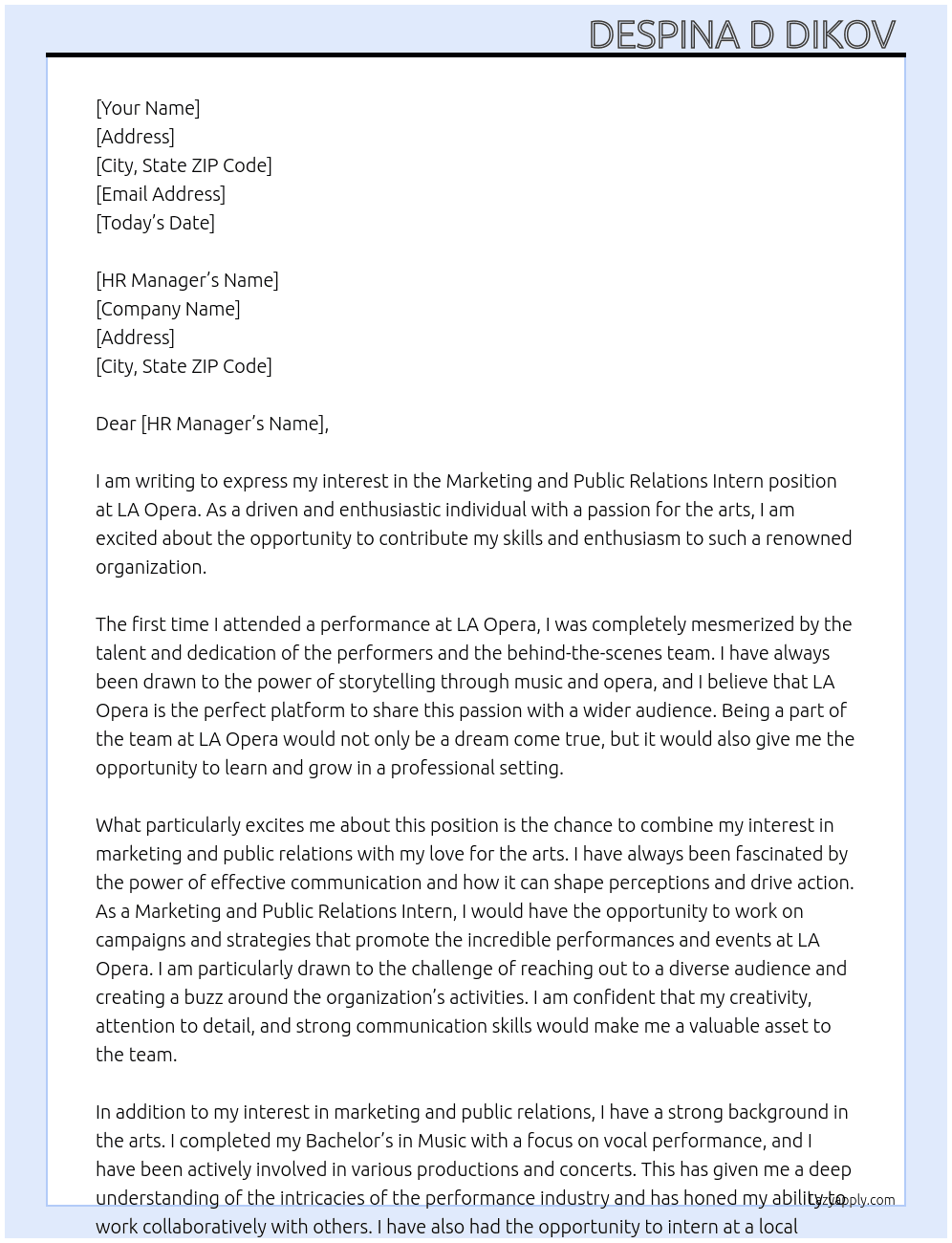 Marketing and Public reletion intern At LA Opera  Cover Letter