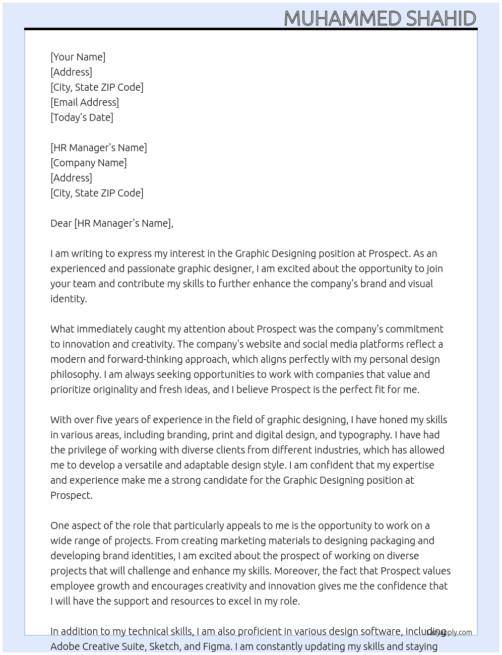 Graphic Designing At Prospect Cover Letter