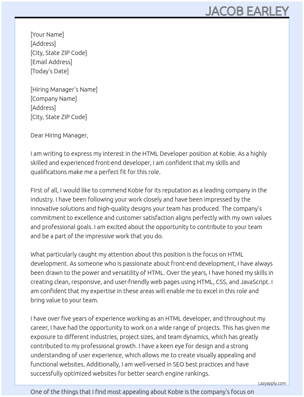 HTML Developer At Kobie Cover Letter
