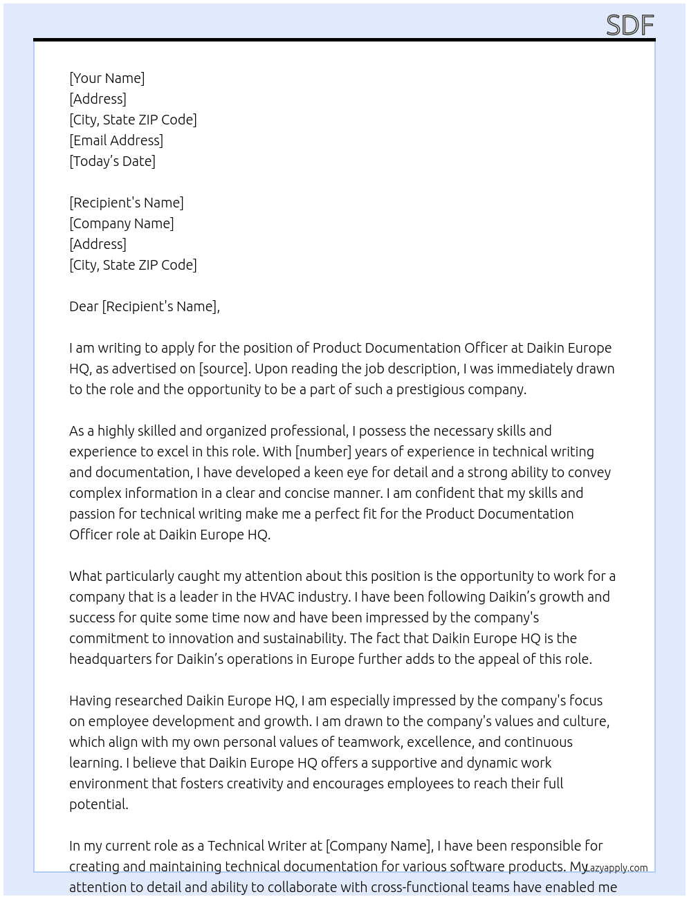 Product Documentation Officer At Daikin Europe HQ Cover Letter