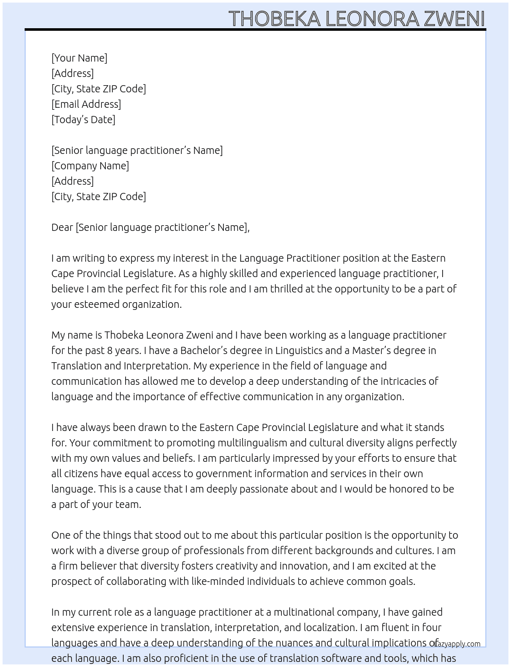 Language practitioner At Eastern Cape privincial legislature Cover Letter
