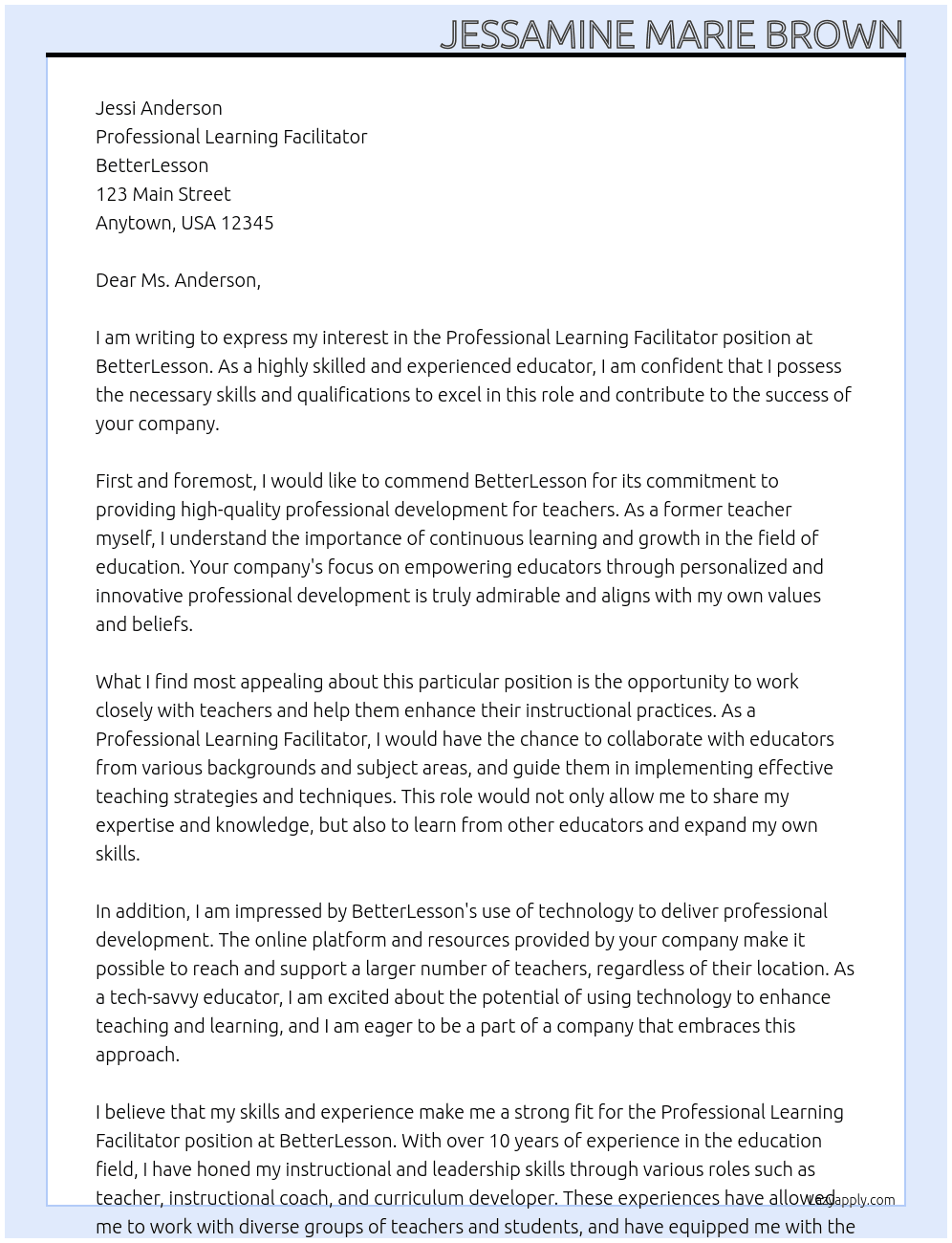 Professional Learning Facilitator At BetterLesson Cover Letter