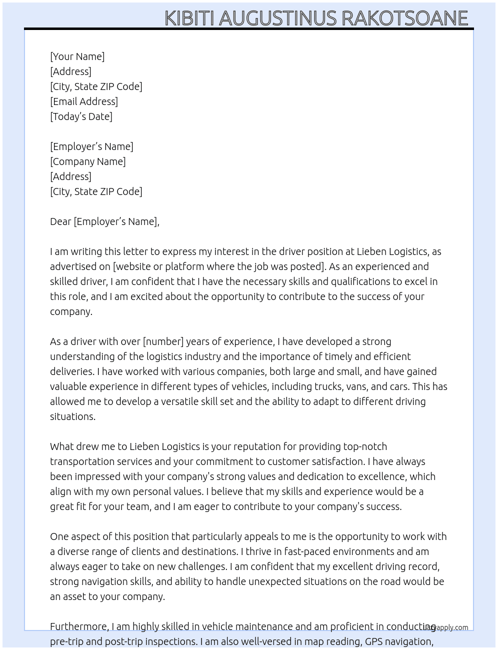 driver At LIEBEN LOGISTICS  Cover Letter