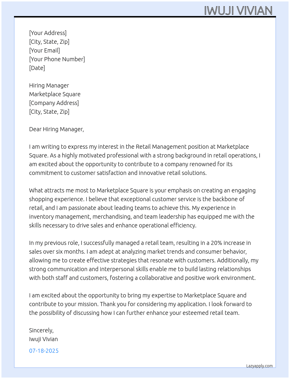 Retail management  At Marketplace square  Cover Letter