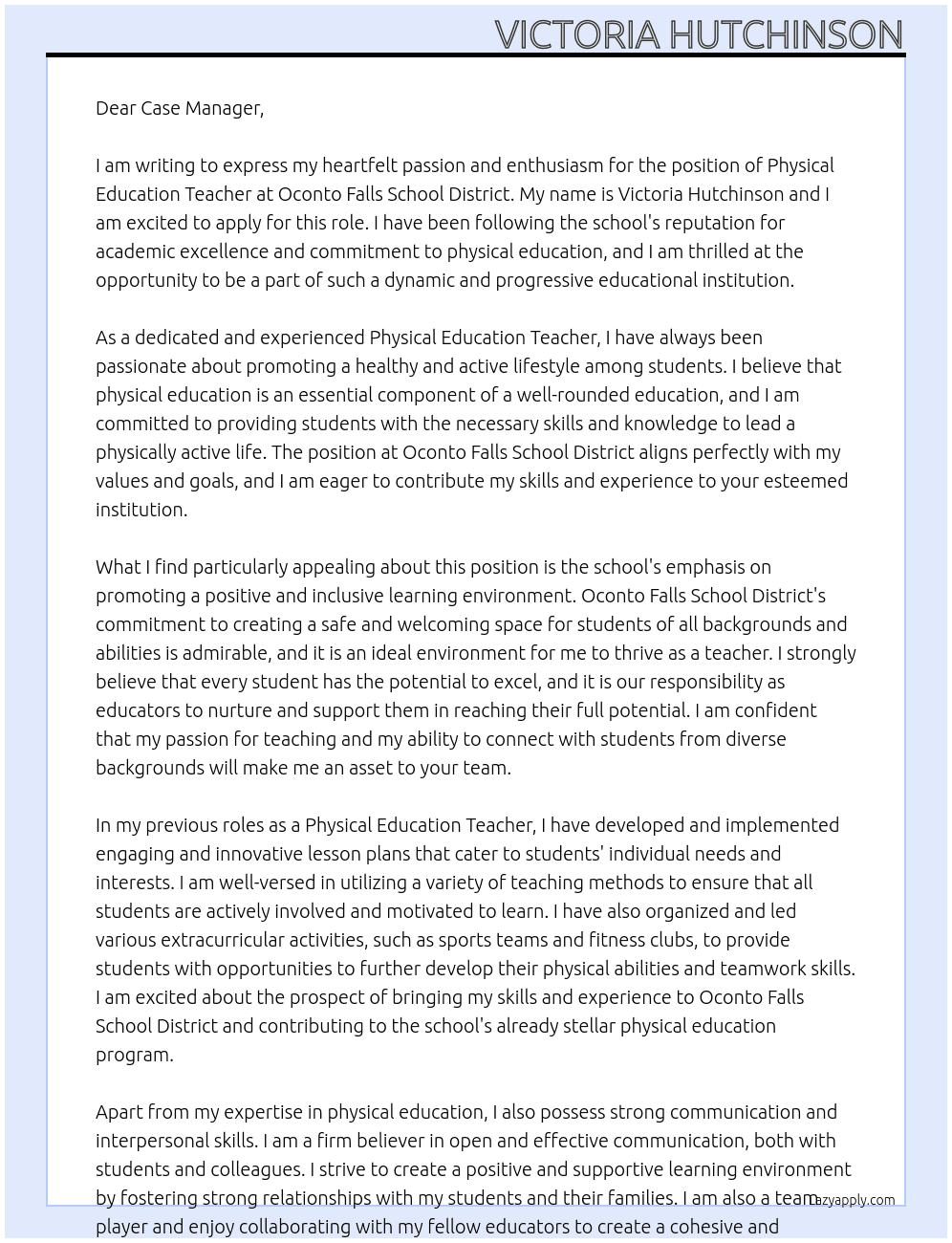 Physical Education Teacher At Oconto Falls School Distict Cover Letter