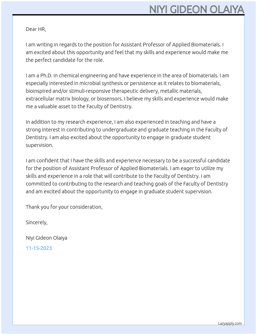 Assistant Professor of Applied Biomaterials At Faculty of Dentistry,  Dalhousie University,  Halifax, NS. Cover Letter