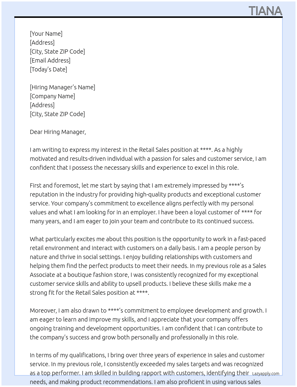 Retail Sales At **** Cover Letter