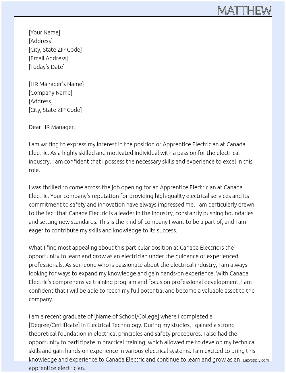 apprentice electrician At Canada electric Cover Letter