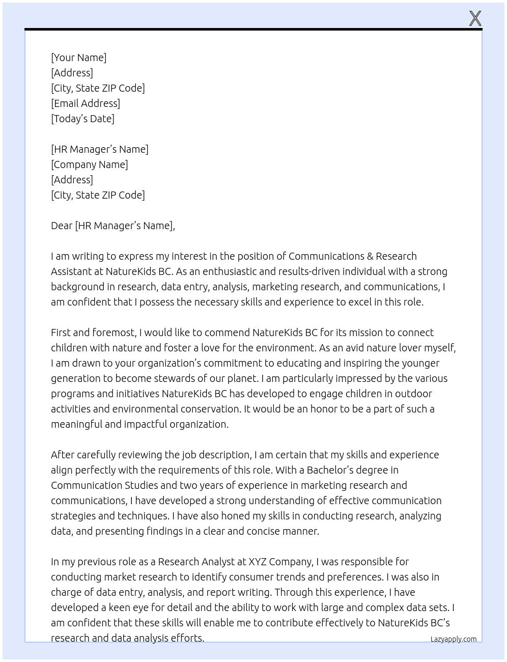  COMMUNICATIONS & RESEARCH ASSISTANT At NatureKids BC Cover Letter