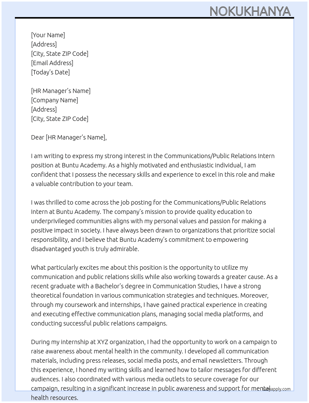 Communications/Public Relations Intern At Buntu Academy  Cover Letter