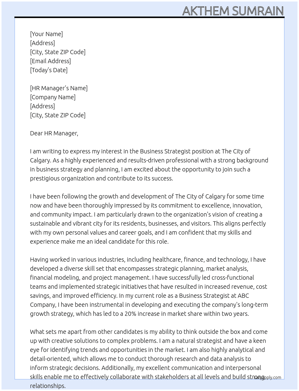 Business Strategist At The City of Calgary Cover Letter
