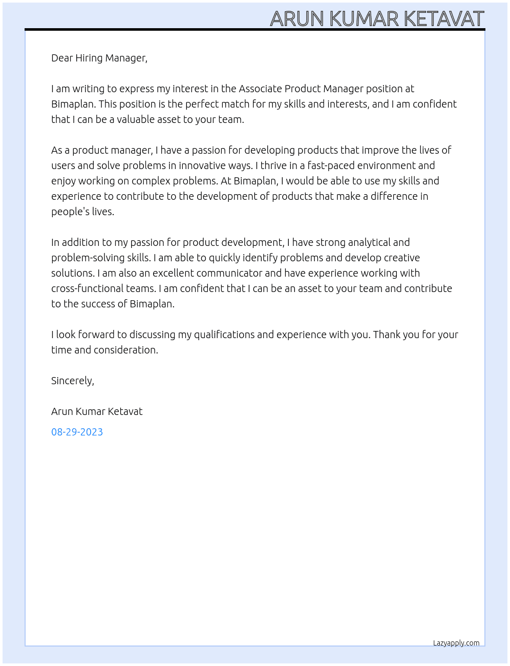 Associate Product manager At Bimaplan Cover Letter