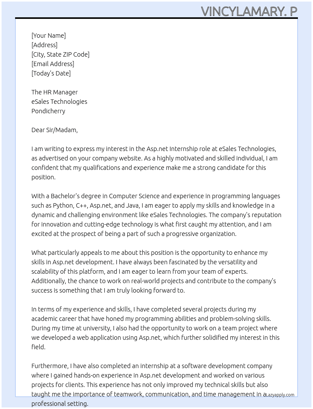 Asp.net At eSales Technologies  Cover Letter