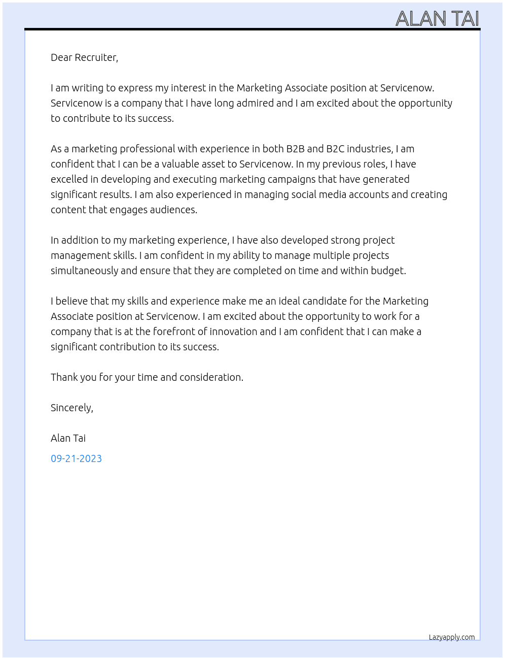 Marketing Associate At Servicenow Cover Letter