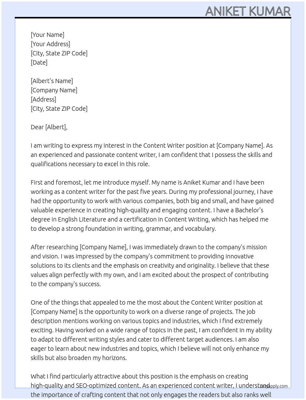 Content Writer At individual Cover Letter